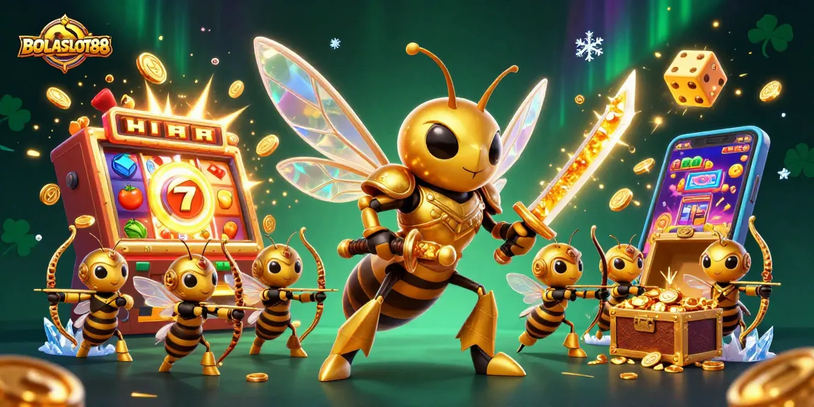 BOLASLOT88 showcases a vibrant jackpot celebration with a golden hornet and bees amidst slot machine excitement.