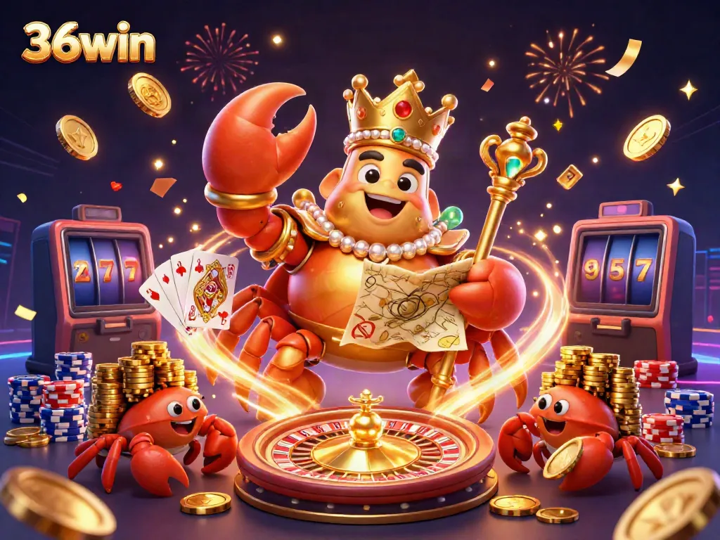 Enjoy winning experiences with 36win, featuring a golden crab emperor amidst casino treasures.
