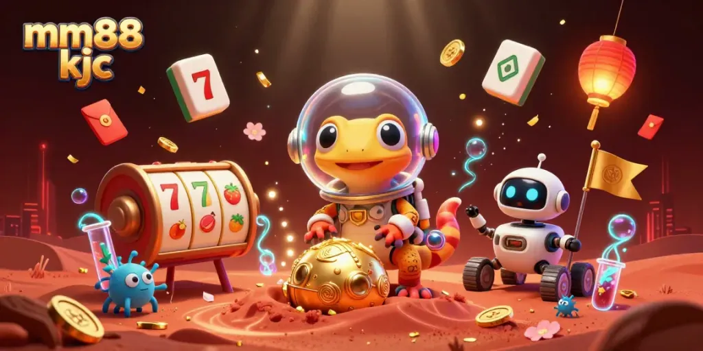 Engaging scene with mm88 kjc illustrating a Martian gecko and robot celebrating casino wins amidst vibrant gaming elements.