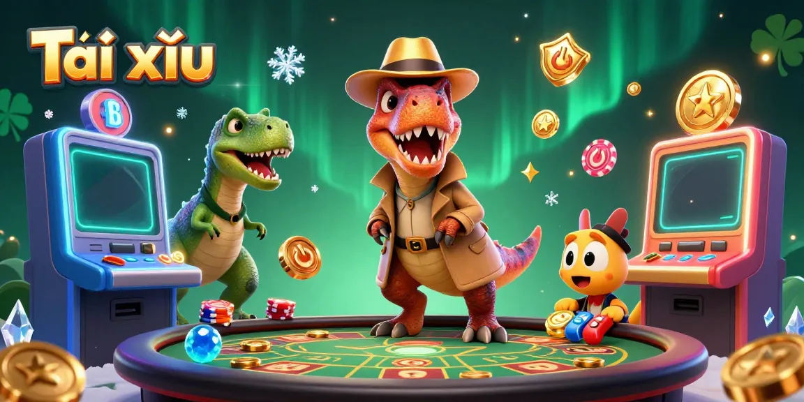 Tài xỉu game scene featuring a velociraptor card counter, stegosaurus pit boss, and a compy pickpocket sneaking chips amidst vibrant casino elements.