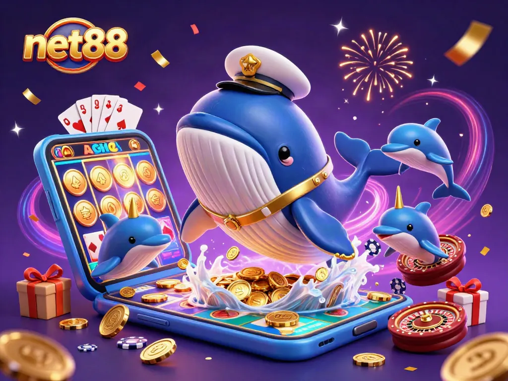 Experience excitement at net88 with a whale breaching coins while players enjoy slot games.