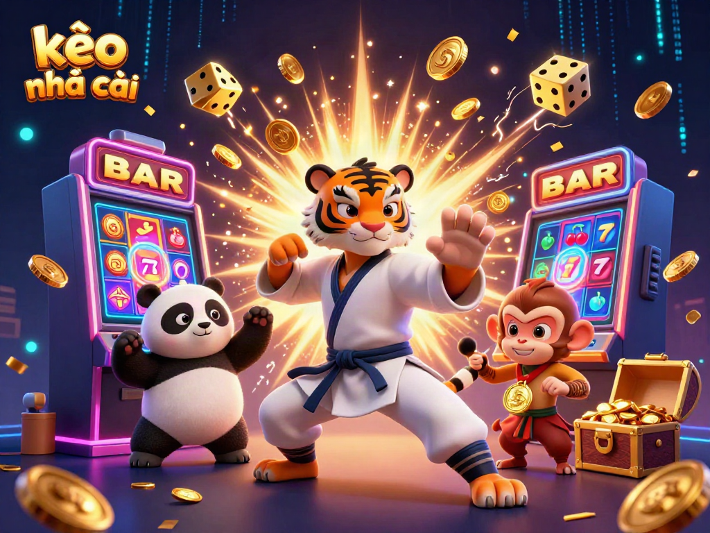 Experience kèo nhà cái with a vibrant 3D cartoon scene featuring a kung fu tiger, panda, and monkey amidst dynamic casino elements.