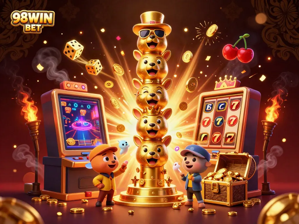 Celebrate gaming wins with a vivid 98WIN BET-inspired illustration showcasing dynamic casino elements and festive decorations.