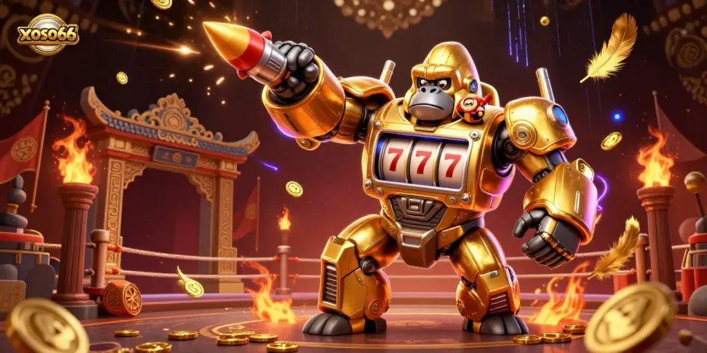 xoso66 visualizes an exhilarating online gambling scene with a golden gorilla mech and exciting betting tokens.