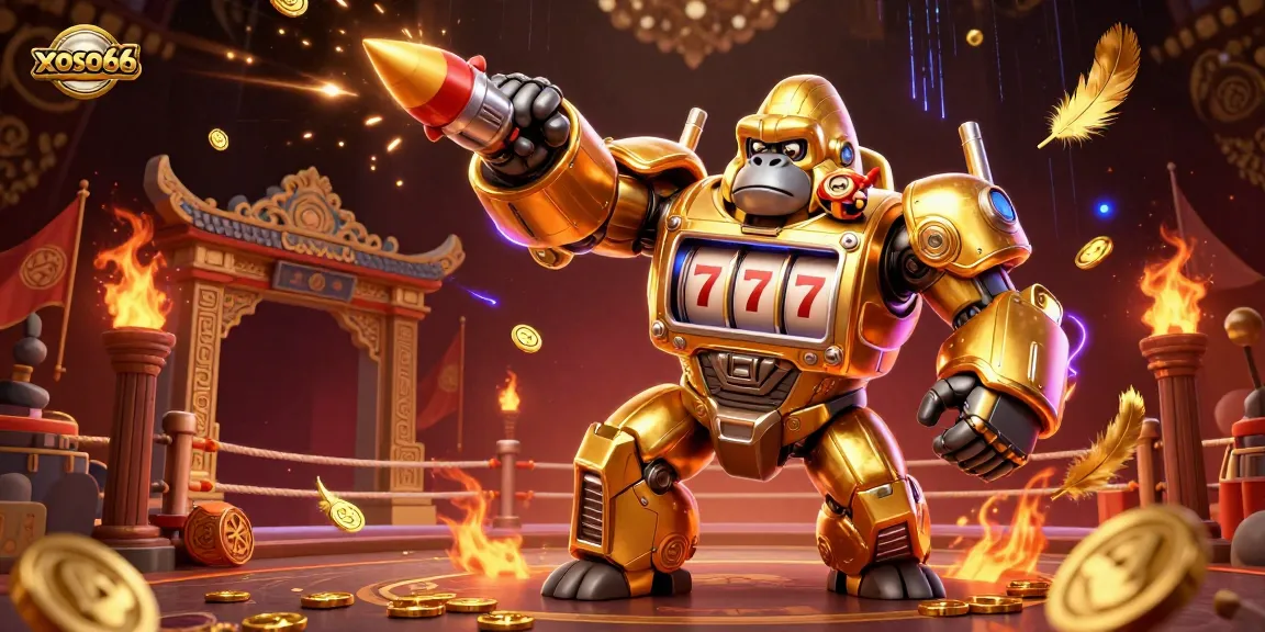 xoso66 visualizes an exhilarating online gambling scene with a golden gorilla mech and exciting betting tokens.