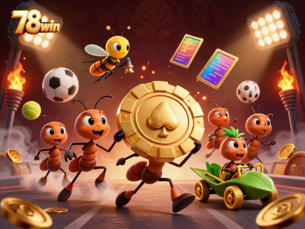 Mobilizing a daring heist in 78win with a cartoon ant team carrying a giant poker chip.
