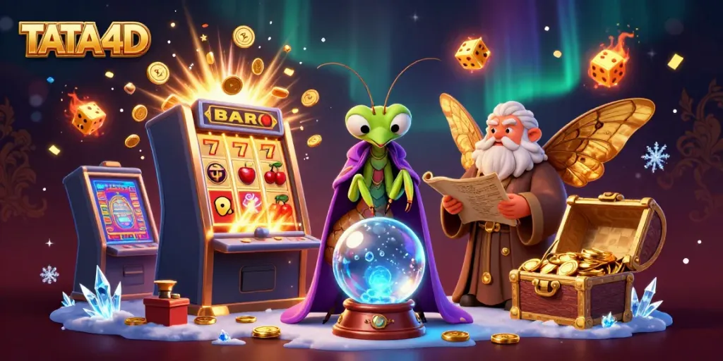 Engage with TATA4D's vibrant gaming experience as a cartoon praying mantis uses a crystal ball surrounded by riches.