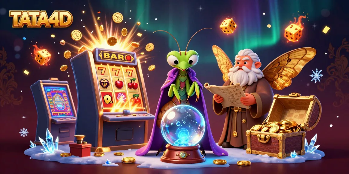Engage with TATA4D's vibrant gaming experience as a cartoon praying mantis uses a crystal ball surrounded by riches.