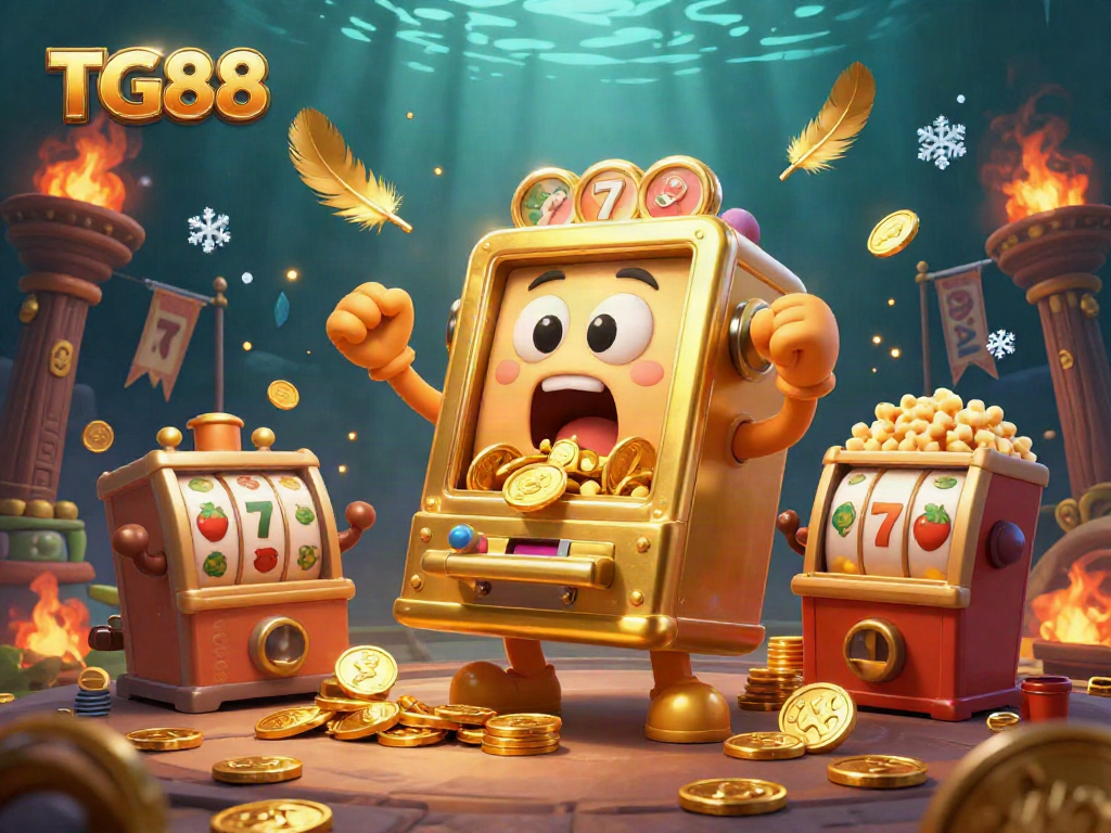 Watch TG88 slot machines unleash a jackpot frenzy as coins burst forth in this vibrant casino scene.