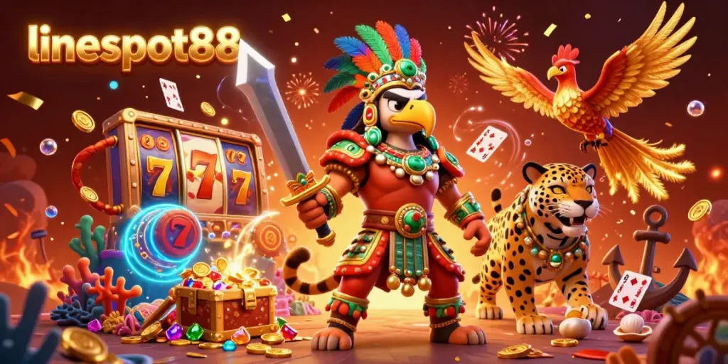 Experience the thrill of gameplay in lineslot88 with stunning characters and vibrant casino elements surrounding a dynamic action scene.