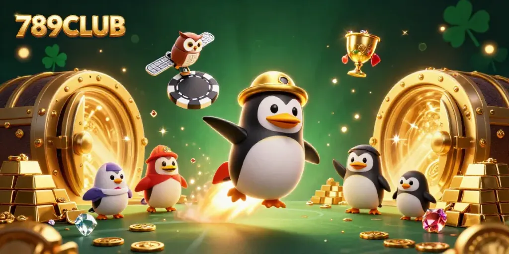 Bet on 789CLUB and witness a golden penguin blazing through an adventurous casino space.