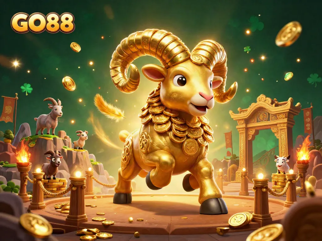Experience GO88 with a golden ram charging through a casino arena filled with coins and vibrant effects.