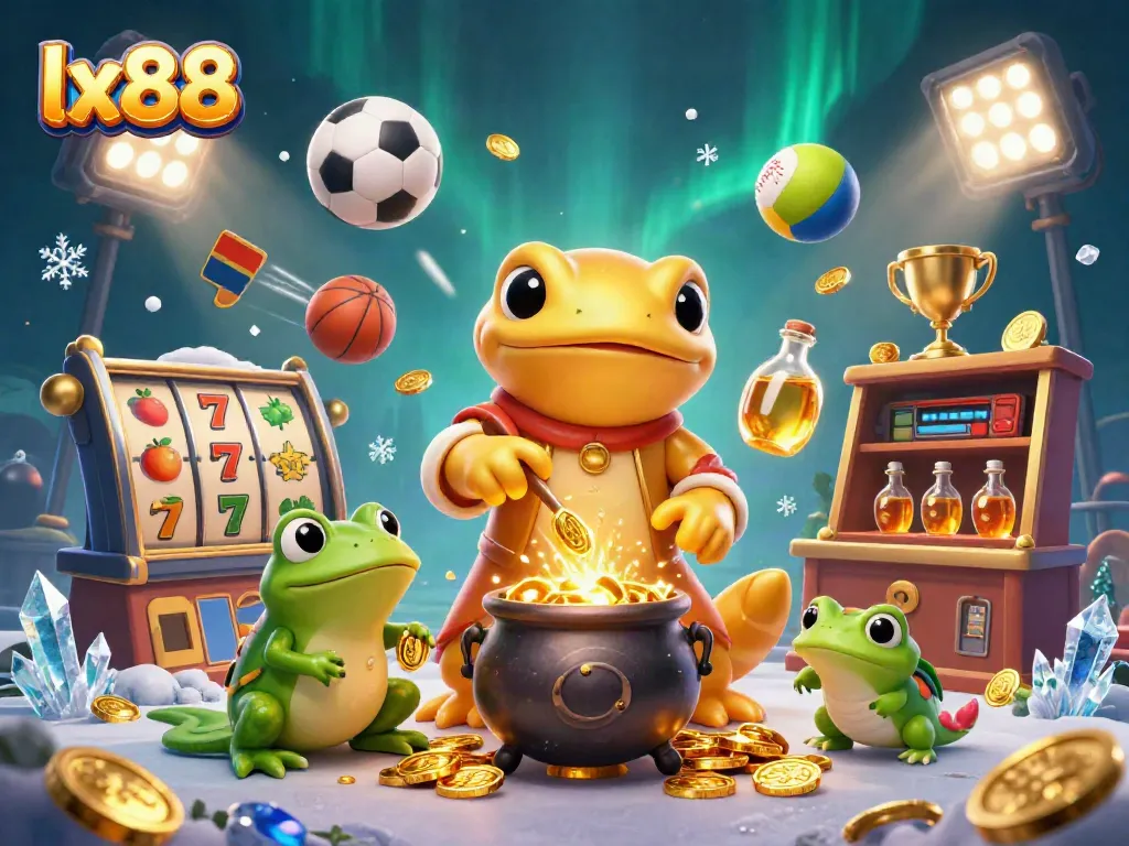 Experience the excitement of lx88 with a golden salamander and frog alchemist in a vibrant, magical casino.