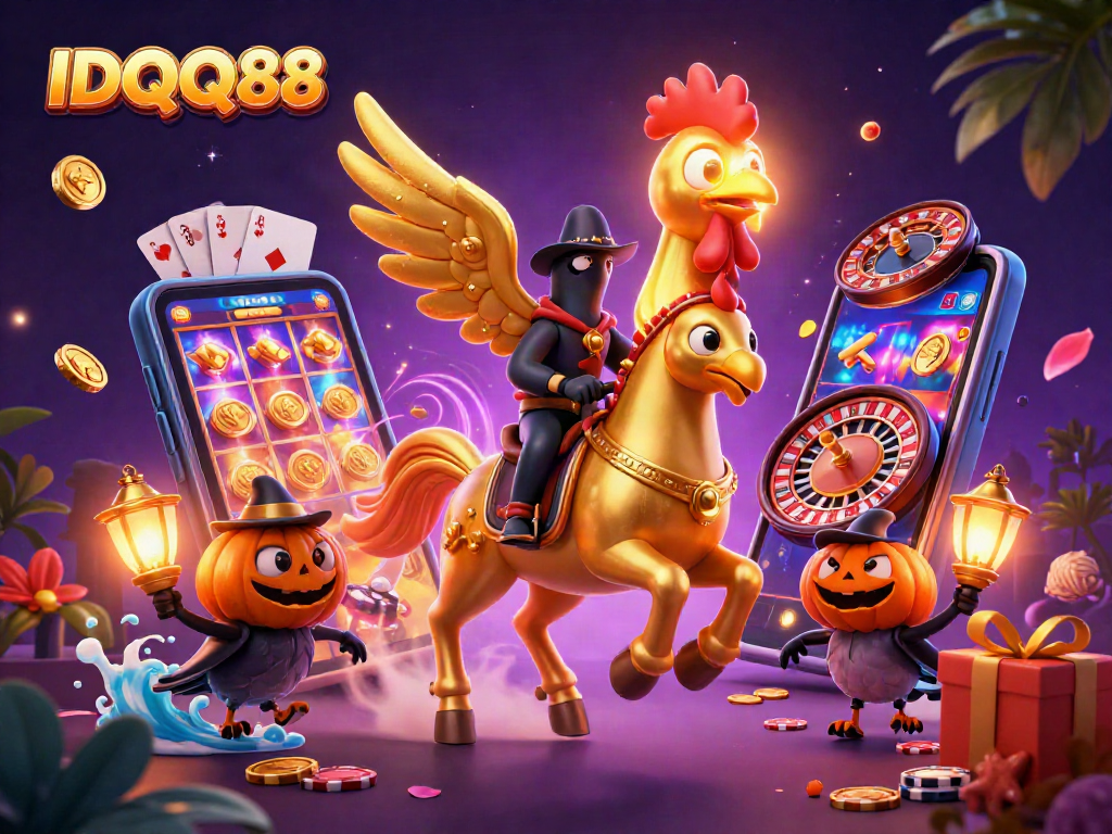 Experience IDQQ88 at a magical midnight casino with vibrant games and characters.