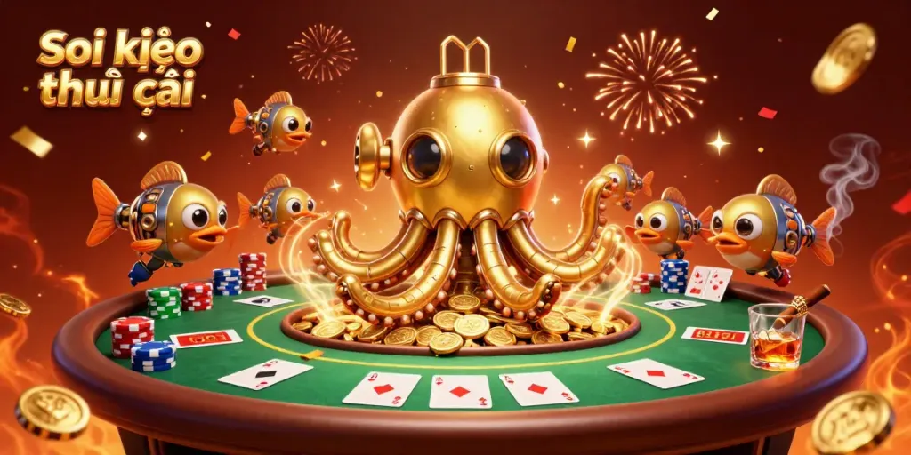 Engaging Soi kèo nhà cái illustration featuring a golden kraken submarine amidst coins and poker elements.