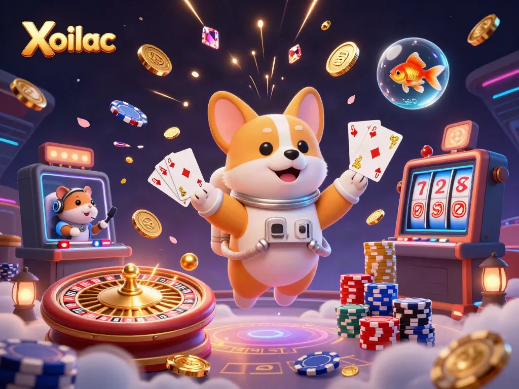 Xoilac casino scene with floating astronaut corgi, golden coins, and a hamster instructing from mission control