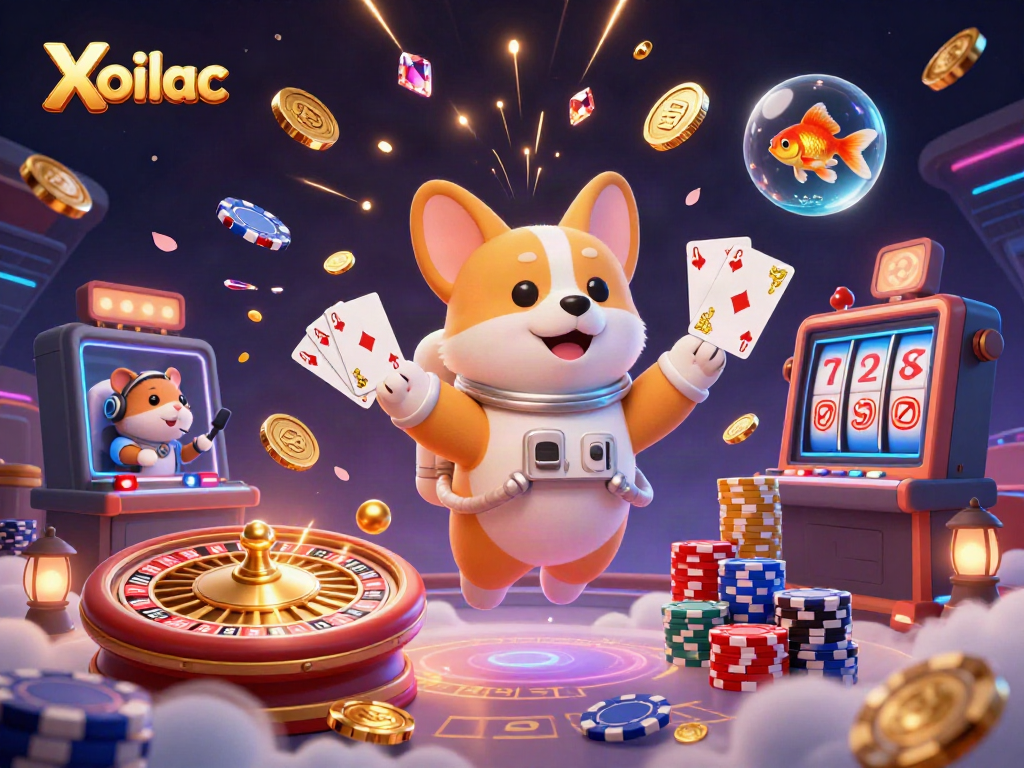 Xoilac casino scene with floating astronaut corgi, golden coins, and a hamster instructing from mission control