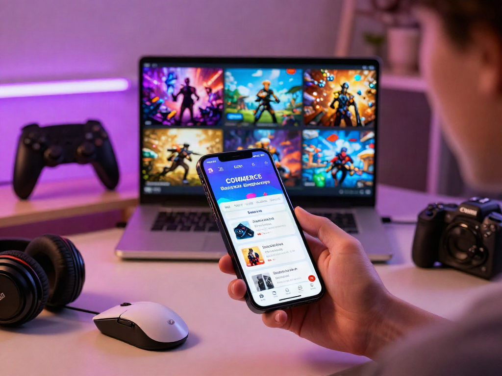 Engaging scene of a user exploring the warung168 digital marketplace for gaming products and vouchers in a vibrant home setting.