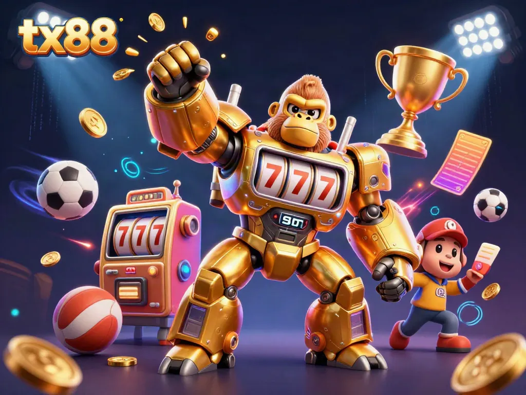 Experience the thrill of TX88 with a golden gorilla mech and dynamic sports elements in action.