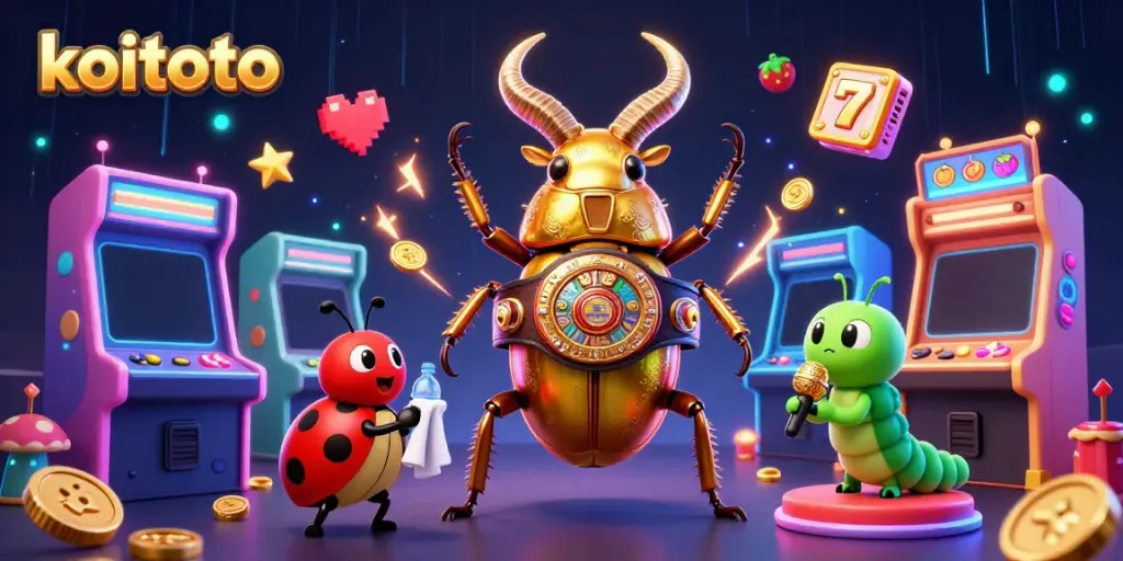 Permainan slot gacor koitoto dengan karakter unik dan mesin permainan yang berwarna-warni.
