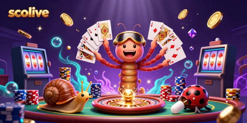 Experience the dynamic world of socolive with a vibrant illustration featuring a lively 3D cartoon millipede dealer in an action-packed casino scene.