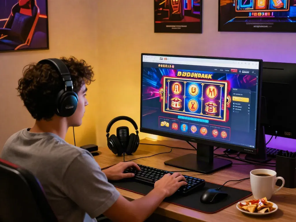 Exciting lumbung88 online gambling experience featuring a user playing slots at home.