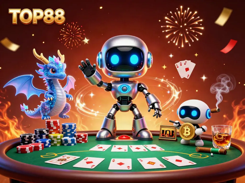 Experience dynamic excitement with TOP88 casino game elements, featuring a cyberpunk robot and poker details.