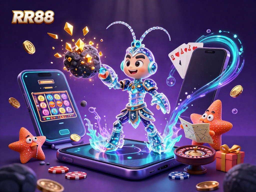 Engage with the vibrant RR88 universe featuring a galactic samurai mantis shrimp and a starfish, surrounded by casino elements.