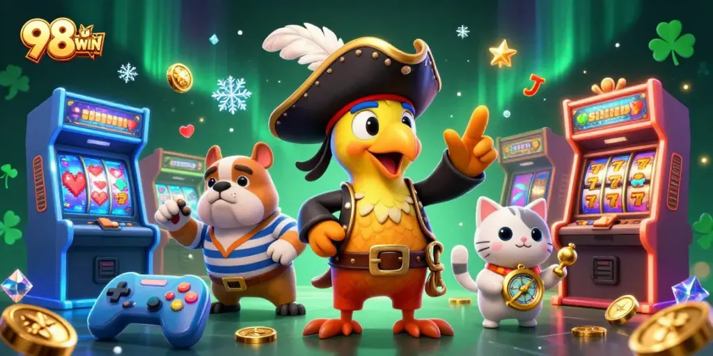Play thrilling games at 98WIN, featuring a vibrant pirate scene filled with slot machines and arcade joy.