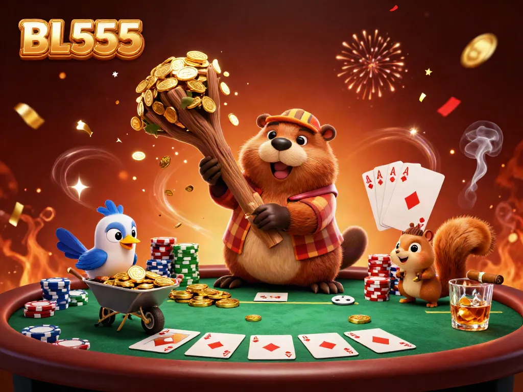 Engage with the vibrant casino spirit at BL555, featuring playful animals amidst a lively poker game.