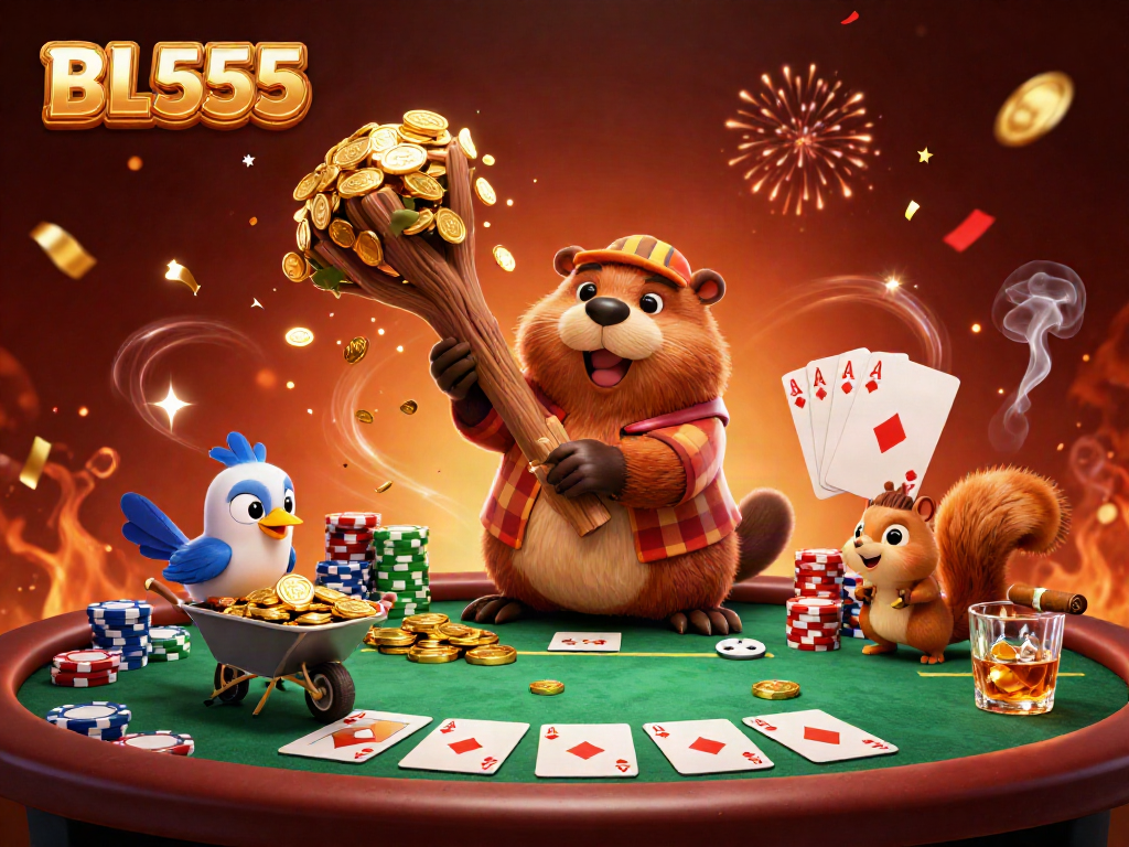 Engage with the vibrant casino spirit at BL555, featuring playful animals amidst a lively poker game.