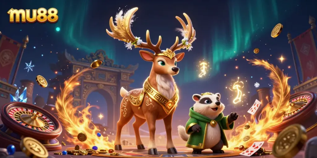Experience thrilling casino action with mu88 in this vibrant 3D illustration featuring characters and gaming elements.
