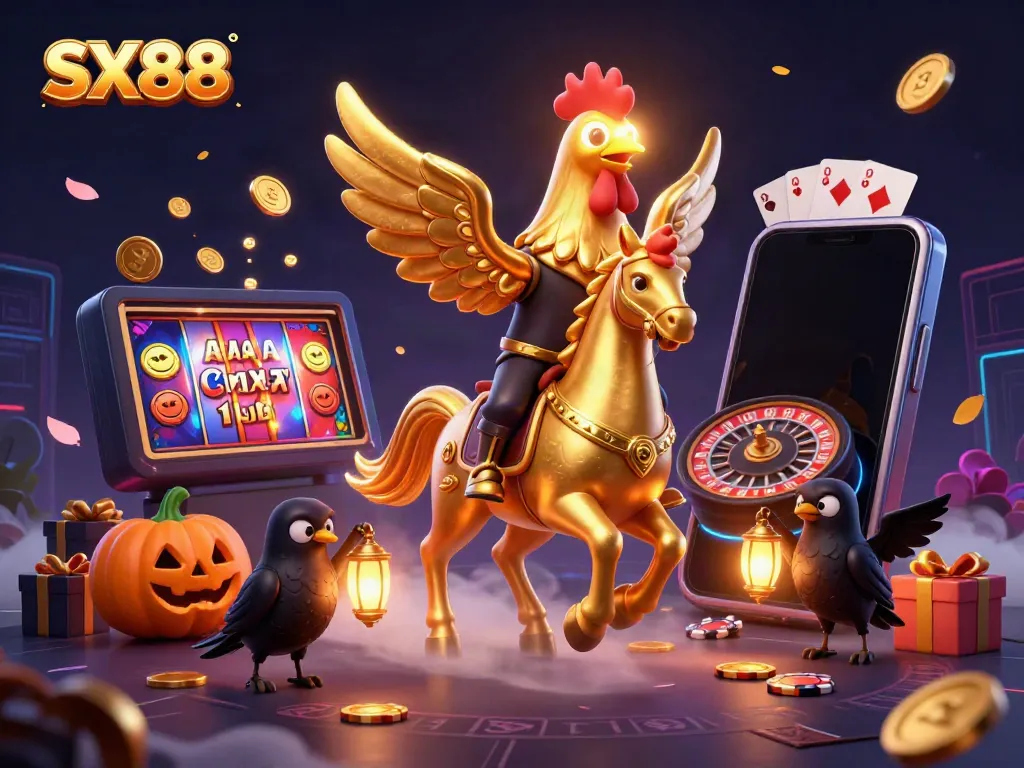 SX88 promotes dynamic gaming experience with golden rooster character in vibrant casino scene.
