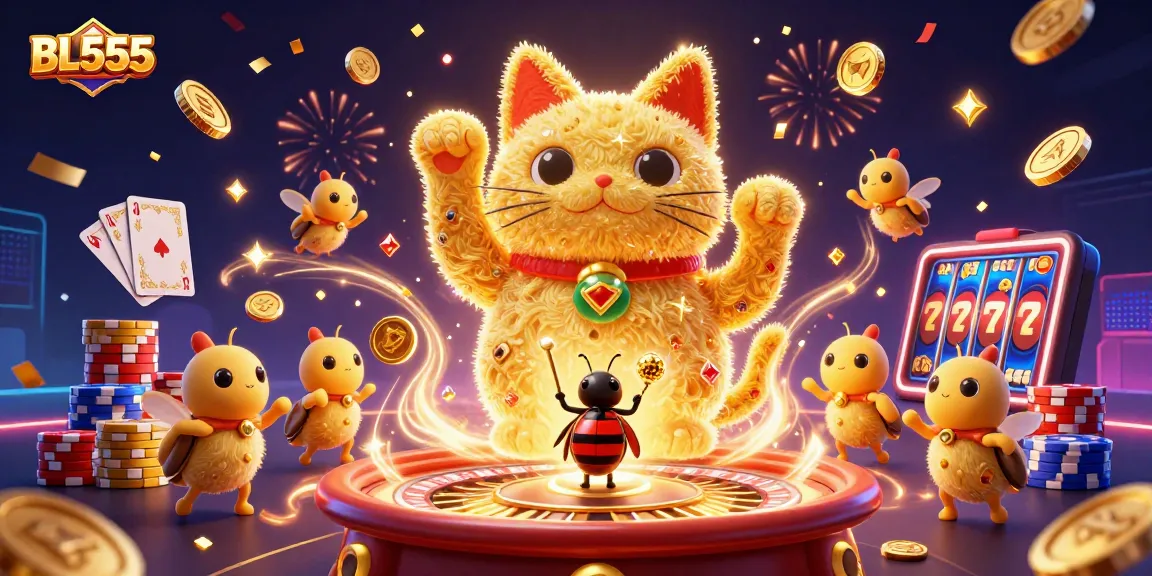 Experience thrilling games at BL555 with a captivating lucky cat and sparkling treasures.