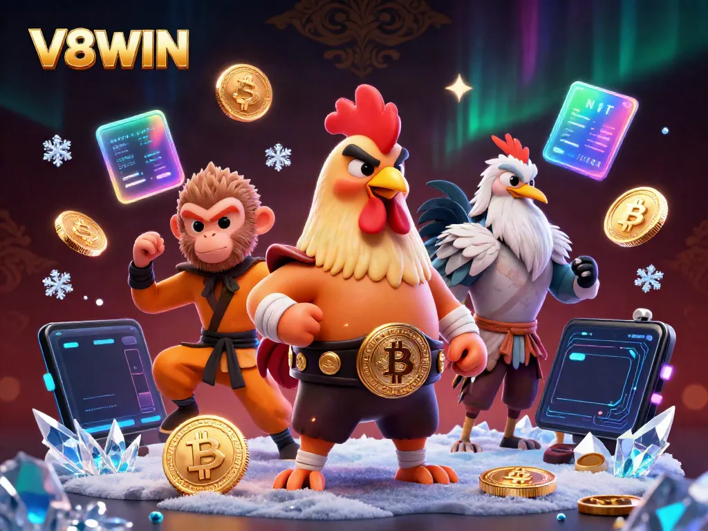 V8WIN betting scene with a Muay Thai rooster and martial artists engaging in crypto gaming.