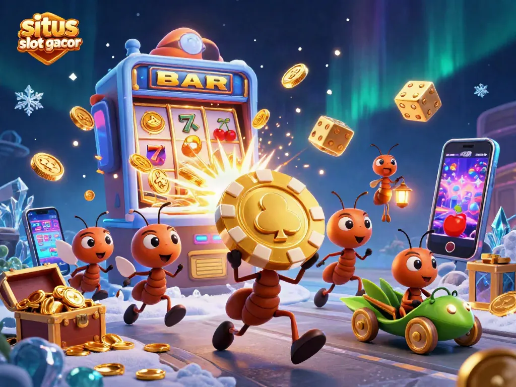 Experience excitement with situs slot gacor as ants heist golden chips amidst vibrant casino elements.