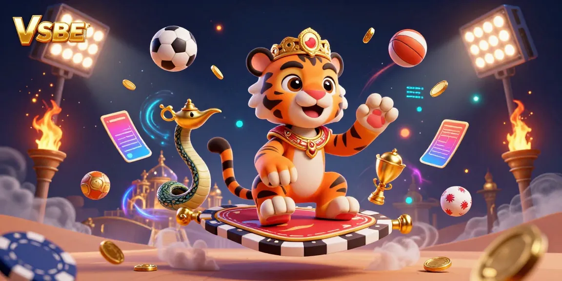 Experience VSBET with a lively 3D scene of a tiger sultan, dynamic sports elements, and vibrant gaming atmosphere.