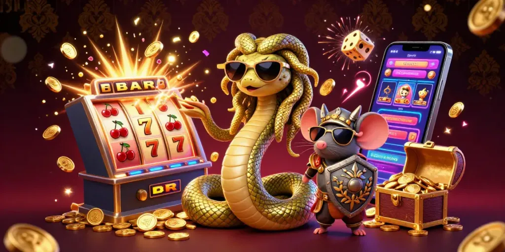 Engage in thrilling slots with thapcamtv, featuring Medusa, a mouse warrior, and abundant casino symbols.