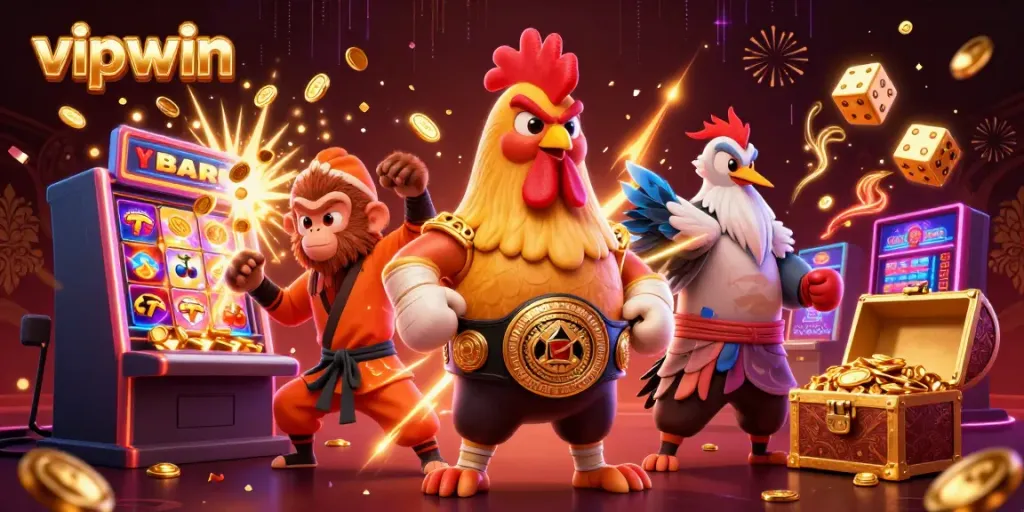 Win big with vipwin in this vibrant 3D illustration featuring dynamic casino elements and characters.