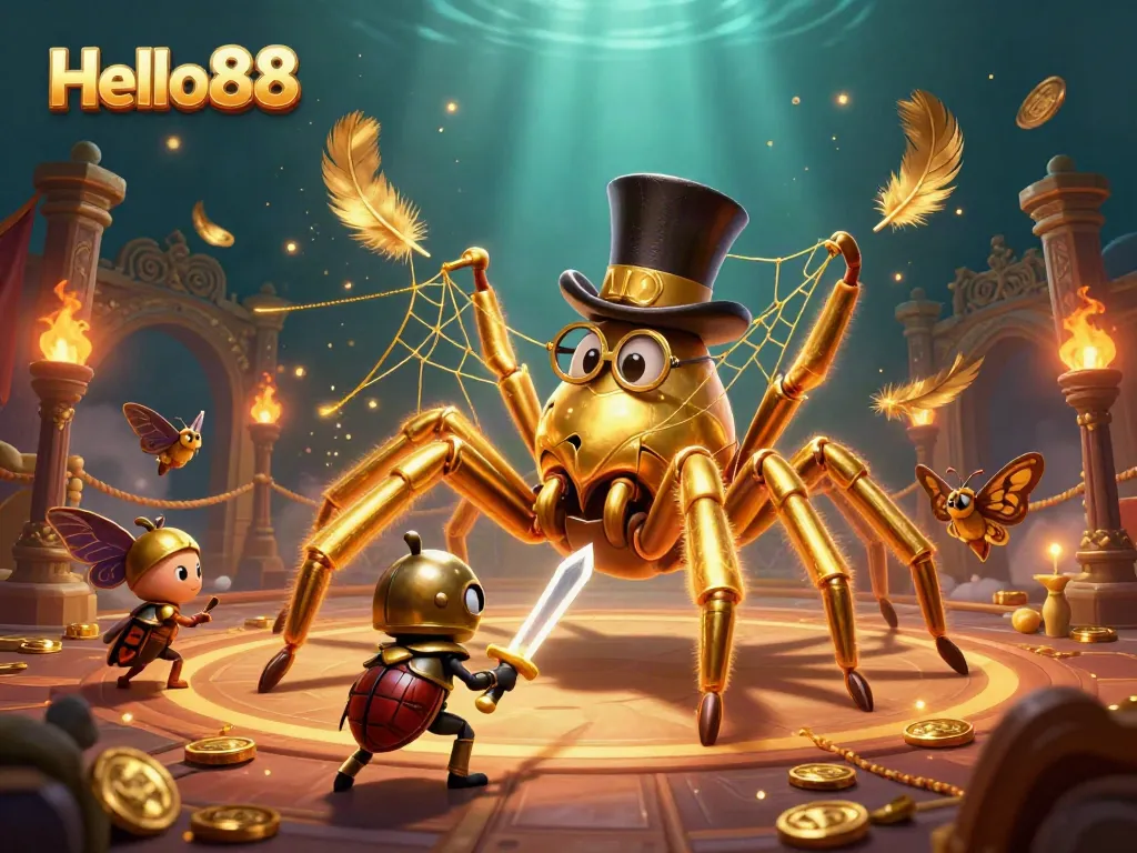 Experience thrilling gameplay with Hello88 through a vibrant casino scene featuring a giant golden tarantula, beetle knight, and moth spectators.