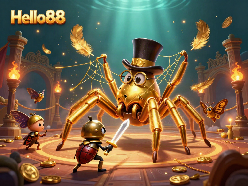 Experience thrilling gameplay with Hello88 through a vibrant casino scene featuring a giant golden tarantula, beetle knight, and moth spectators.