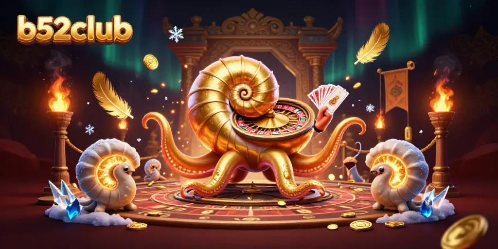 Engage with b52club in a vibrant 3D casino scene featuring a giant nautilus and golden treasures.