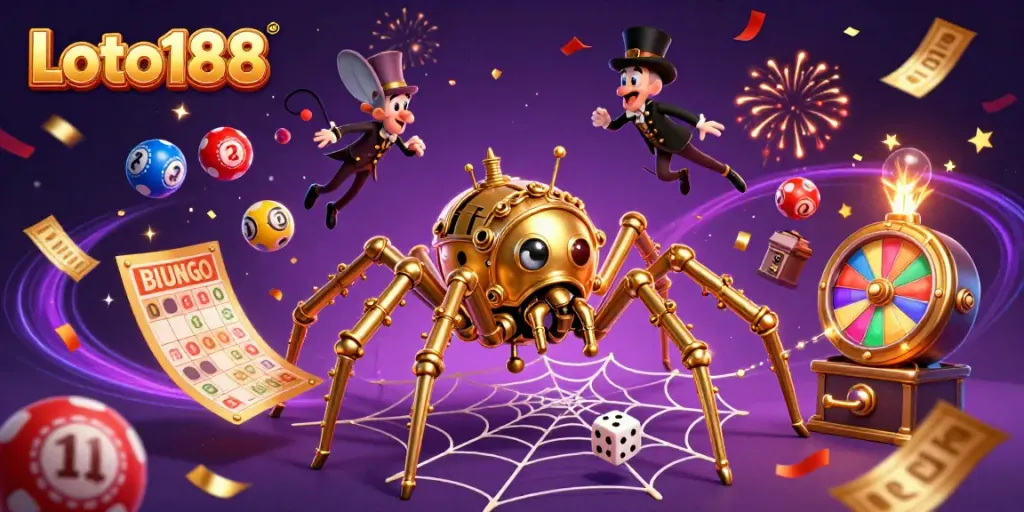 Win big at Loto188 with a vibrant steampunk casino-themed illustration showcasing exciting games and prizes.