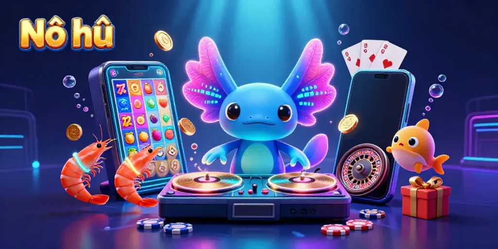 Nổ hũ, vibrant underwater scene with neon-colored axolotl DJ and dancing shrimp, featuring slot game elements.